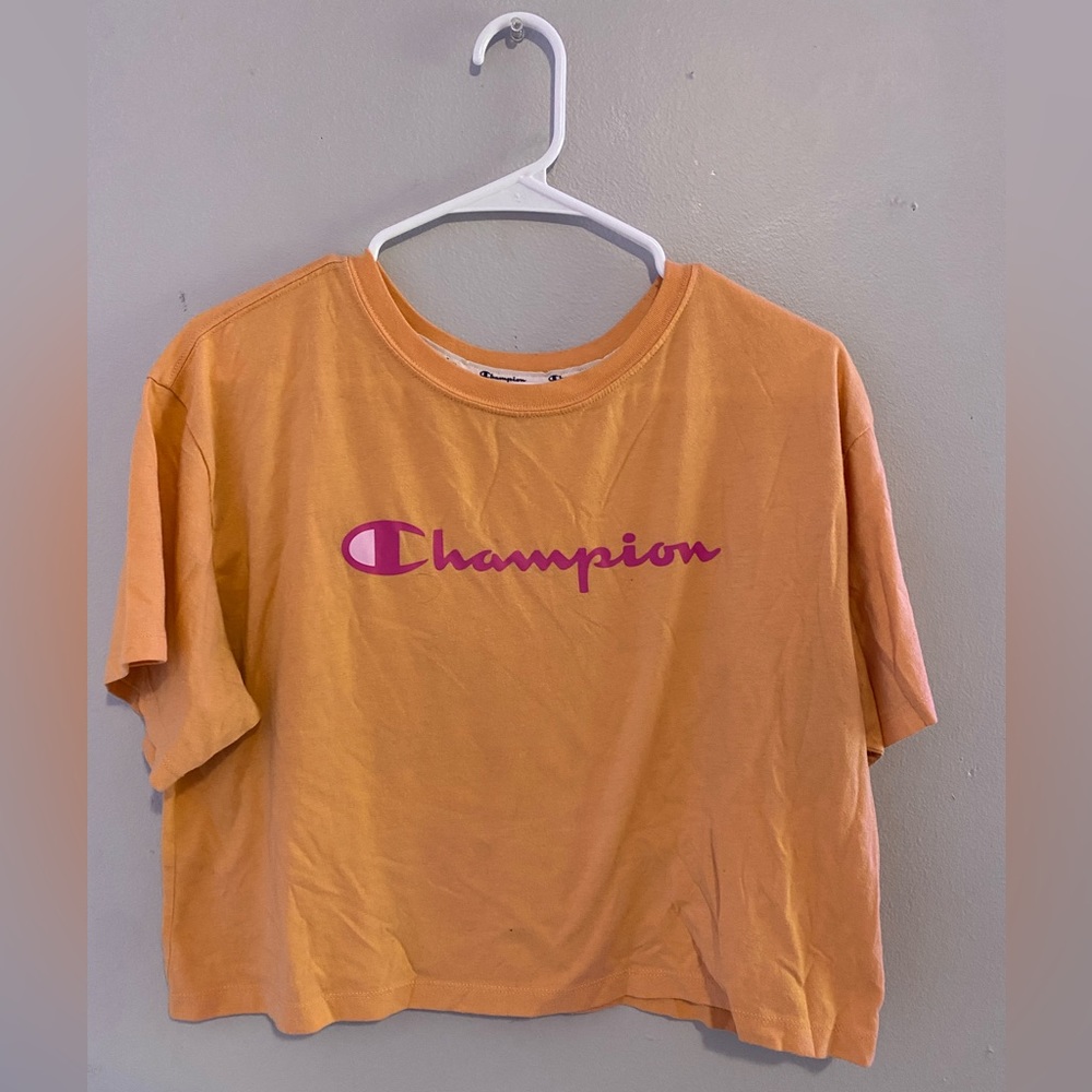 Champion Shirt Womens Medium Coral Orange & Pink Short Sleeve Cropped Crew Tee